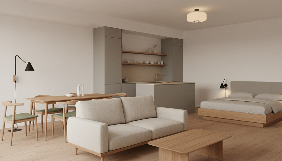 Дизайн 1-комнатной квартиры 42.44 м² в стиле Japandi: для home office - статья журнала RedCat