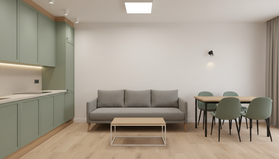 Дизайн 1-комнатной квартиры 31,9 м² в спокойном стиле: для home office