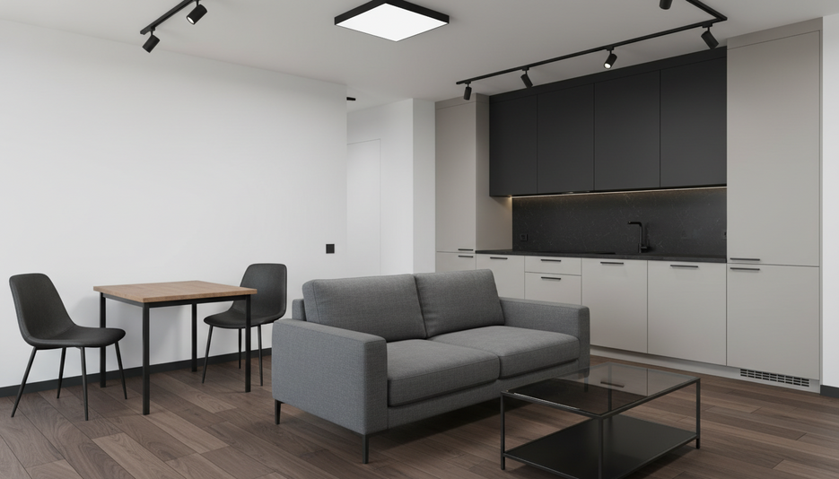 Дизайн 1-комнатной квартиры 31.6 м² в контрастном стиле: Для home office